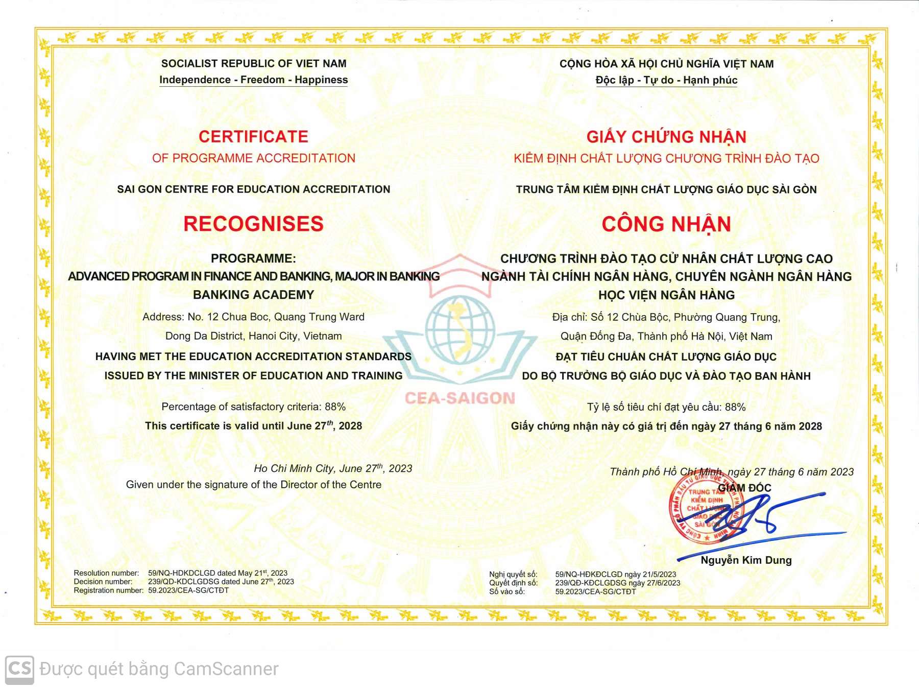 Giấy Chứng nhận Kiểm định chất lượng CTĐT Cử nhân Chất lượng cao chuyên ngành Ngân hàng